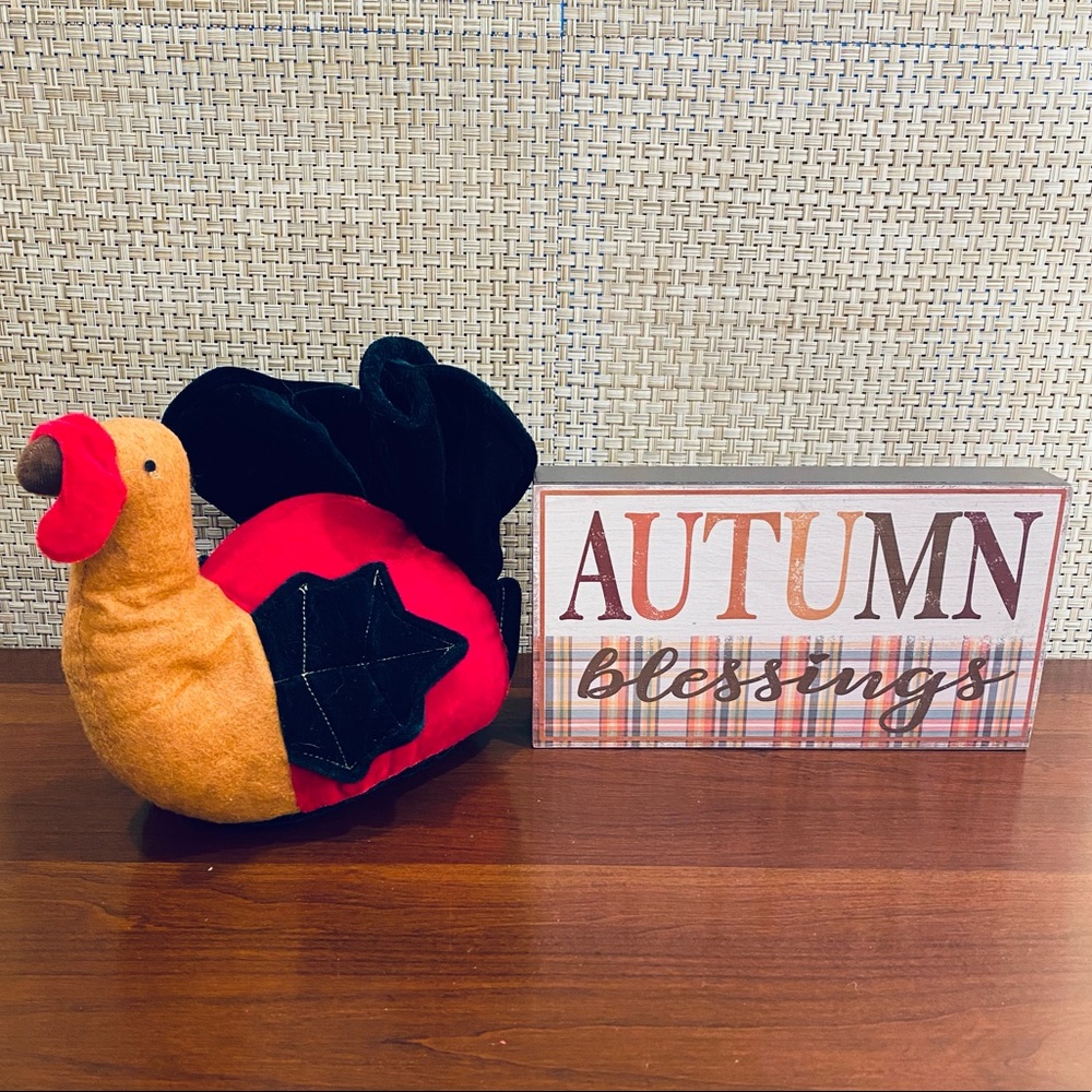 🍁🌟2xHP🌟NWOT Fall Decor Set: Plush Velvet Gobbler Turkey & Autumn Blessing Sign